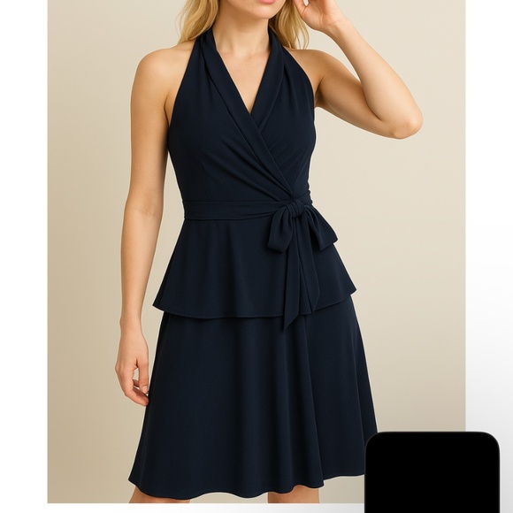 Navy Stretch Jersey Halter Neck Faux Wrap Marilyn Dress - Picture 1 of 12